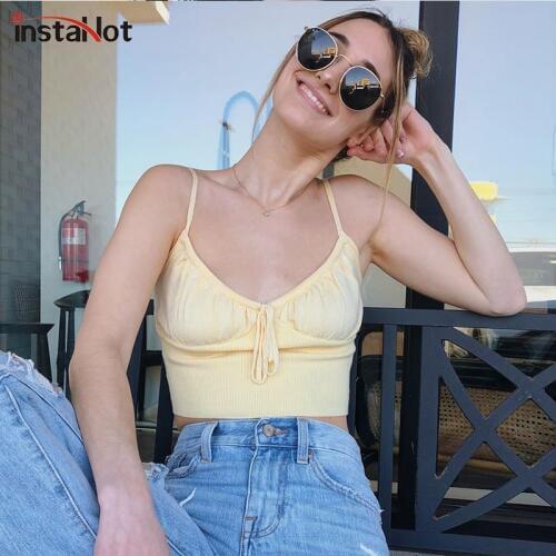 InstaHot Runched Spaghetti Strap Camis Ladies Summer Casual Sexy office Elegant Camisole Cropped Top Women Sleeveless Elastic