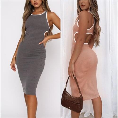 CHRONSTYLE Women Summer Party Dress Sleeveless O Neck Ribbed Slim Stretch Bodycon Vestidos Sexy Fashion Open Back Dress 2021 New