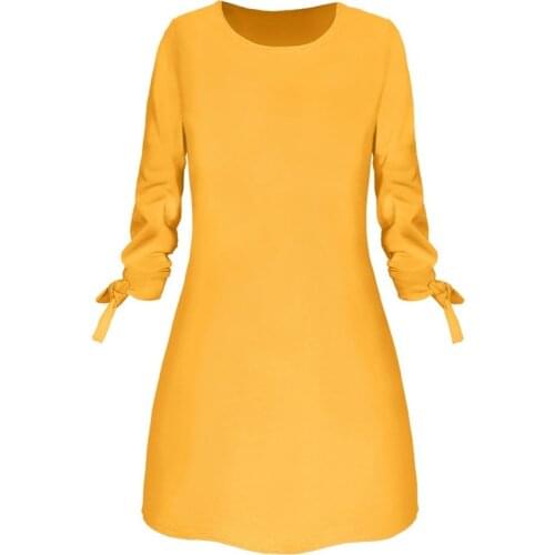 Summer Polyester Womens Dress Round Collar Long Sleeve Pullover Lace-Up Solid Fashion Office Lady Dress