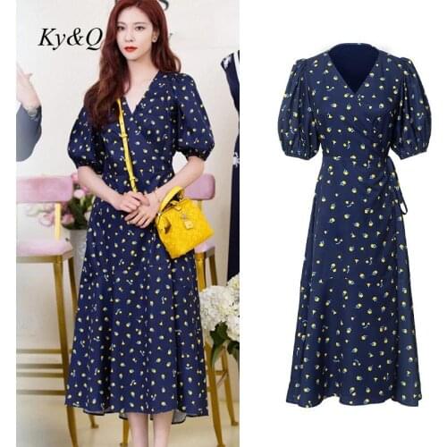 Runway French Retro Floral Dresses Women Elegant Fashion V-Neck Slim Bubble Sleeve Print Dress Beach Holiday Style Clothing