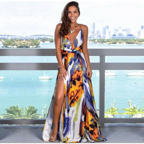 Women Summer Dress Boho Chiffon Floral Print V Neck Party Dress Evening Beach Dresses Backless High Split Maxi Sundress Robe
