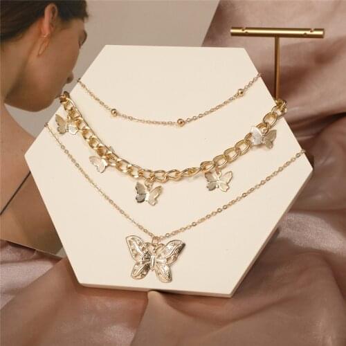 Vintage Gold Silver Color Multilayer Pendant Butterfly Necklace for Women Boho Butterflies Chain Choker Necklaces Jewelry