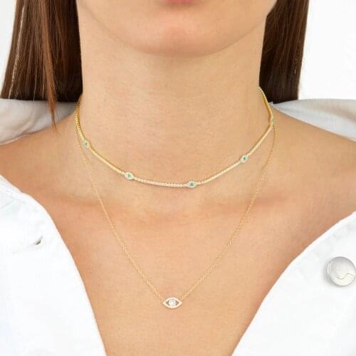 100% 925 sterling sparking dainty thin chain fine jewelry cute tiny evil eye Charm bezel cz connector women lucky necklace