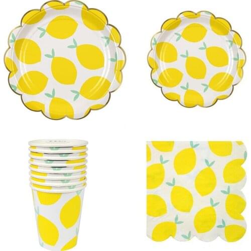 Gold Foil Lemon Paper Plates Party Decoration Disposable Tableware Paper Plate Cups Napkin Dinner Cakes Wedding Party Supplies