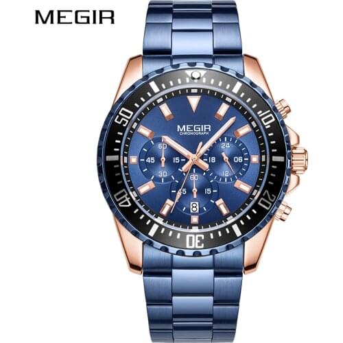 MEGIR Men Watch Top Brand Luxury Rose Blue Chronograph Quartz Wristwatch Stainless Steel Waterproof Male Clock Relogio Masculino