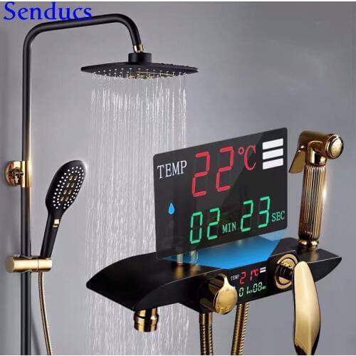 Senducs Black Gold Digital Shower Faucet Rainfall Spa Shower Head Quality Brass Shower Faucet Black Gold Thermostatic Shower Set