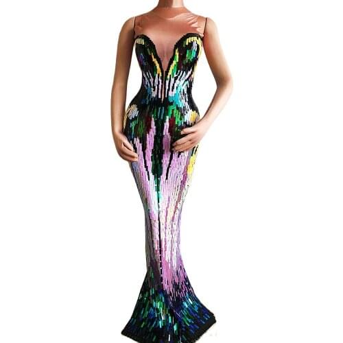 Colored Sequin Mermaid Women Long Dress Skinny Stretch Dress Nightclub Singer Performance Stage Wear Evening Prom Costumes