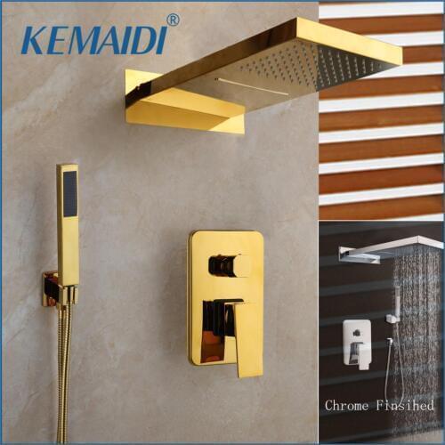 KEMAIDI Chrome & Golden Plated Bathroom Shower Hand 2 Functions Shower Mixer Bathroom Solid Brass Rainfall Waterfall Shower Set