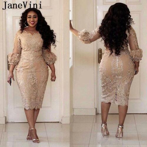 JaneVini Elegant Champagne Plus Size Lace Cocktail Dresses 2019 V Neck Appliques Beaded Straight Tea Length Abito Da Cocktail