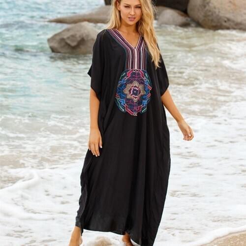 Embroidery Cotton Beach Cover up Saida de Praia Swimsuit Women Bikini cover up Tunics for Beach Pareo Sarong Beachwear