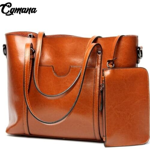 Quality Tote Bag 2020 Women Genuine Leather Handbags Work Tote Female Shoulder Bags Vintage Ladies Messenger Bags 2 Pcs/Set Bag