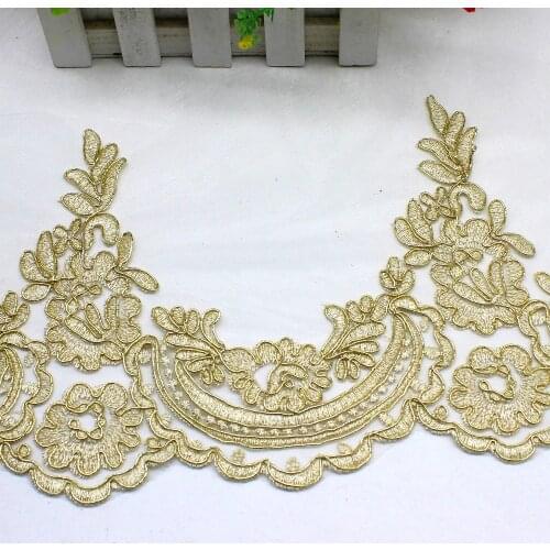 Gold Embroidered Lace Fabrics For Bridal Dress 3D Flower Lace Trims Scalloped Applique Soft Beige Tulle 26CM