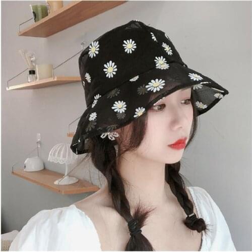 Summer Daisies Embroidered Buckets Hat Women Transparent Panama Lace Flower Beach Hats High Top Snapback Fashion Daisy Sun Cap