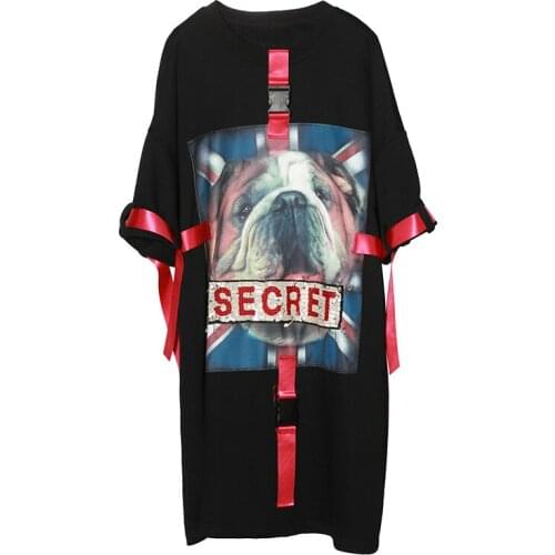 Summer Straps Sequins Vestidos Cotton Midi Dresses Women O-Neck Dog Print Flag Oversize Short Sleeve hollow Out Dress HF280