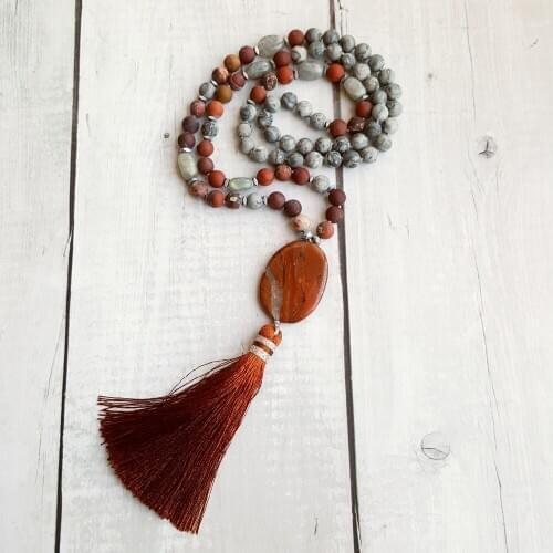 Lii Ji Matte Grey Crazy Agate Red Jasper Pendant Tassel Bohemia Long Handmade Necklace Necklace Drop Shipping