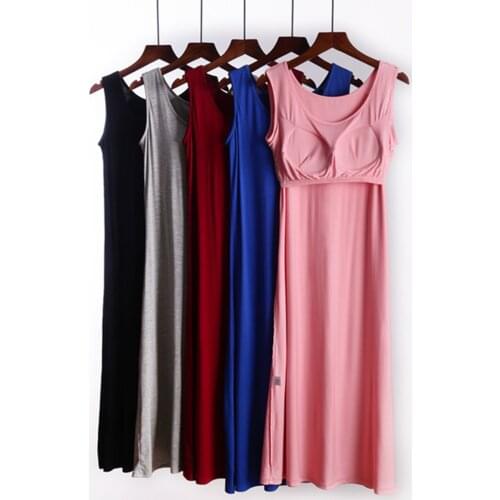 Fdfklak M-4XL Large Womens Lingerie Chest Pad Nightgown Summer Night Dress Solid Color Sleepwear Nightie Modal Nightwear