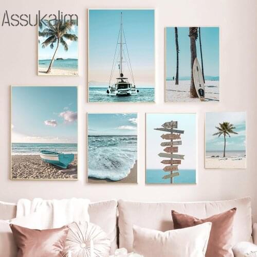 Sea Landscape Wall Art Canvas Painting Beach Road Sign Print Boat Surfboard Art Poster Nordic Wall Pictures Home Decoration