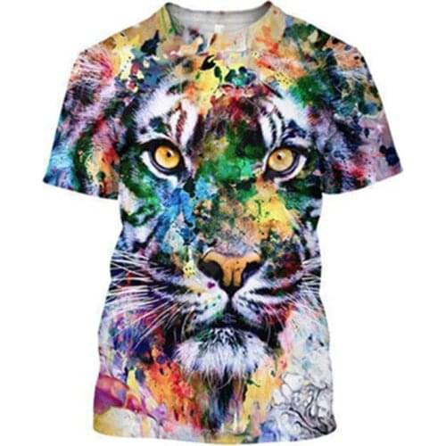 Mens Short-Sleeved Summer 2021 Trend Of Mens Casual Tops Creative 3D Tiger Print Round Neck Mens T-shirt