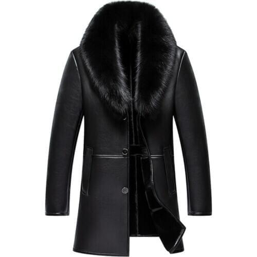 Russian Winter Fox Fur Collar Leather Jacket Men New Business Casual Medium Long Windbreaker Coat Male Sheep Skin Jacket 5XL