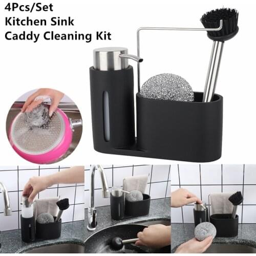 4Pcs/Set Practical Kitchen Sink Caddy Cleaning Kit Soap Dispenser Steel Ball Brush Rag Storage Holder