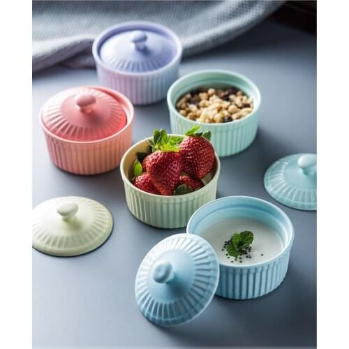 New Nordic Style Ceramic Covered Baking bowl,Souffle Cake Bowl with Lid , Baking Appliances Dish Saucers Wholesale