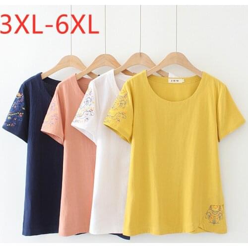 New 2021 Ladies Summer Plus Size Tops For Women Large Short Sleeve Cotton Yellow White Embroidery O-neck T-Shirt 3XL 4XL 5XL 6XL