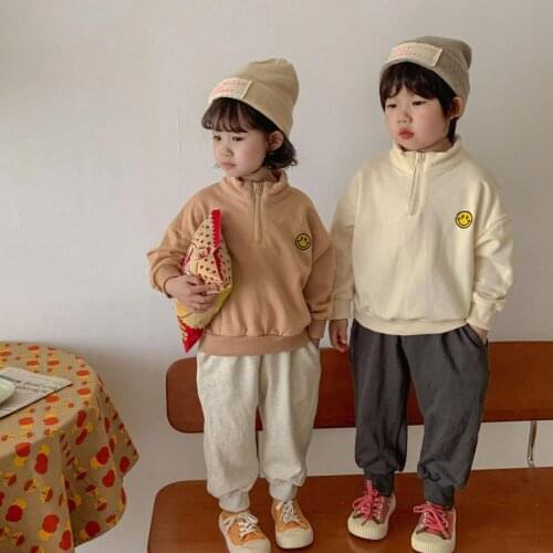 2021 Autumn New Children Long Sleeve Clothing Set Boys Embroidery Smiley Sweatshirt Set Girls Sport Pants Suit Kids Casual Sets
