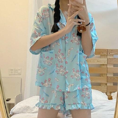 Womens Cute Cartoon Pajamas Set Turn-down Collar Pyjamas Short Sleeves Suit Soft Female Sleepwear Summer Homewear Home Services