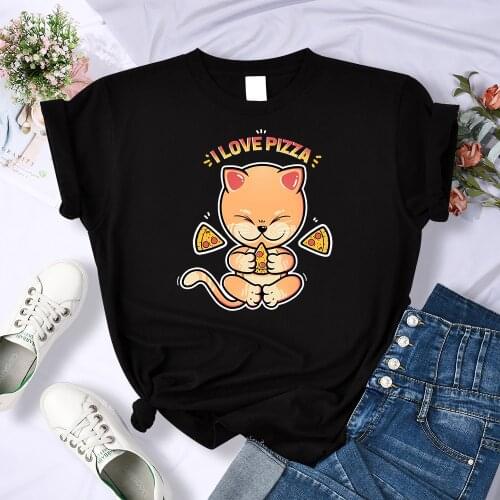 I Love Pizza Cute Cat Cartoons T-Shirts Women Casual Loose Clothing Oversized Summer Tops Brand Itself Womens Tshirts Fashion