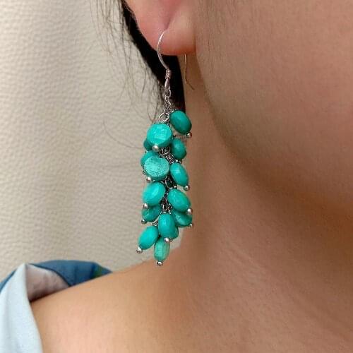 YYGEM 6.5mm Faceted Coin Shape Green Turquoise Dangle 925 Silver Hook Earrings
