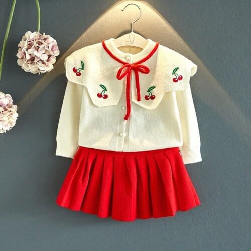 2-7 year girls sweater autumn spring winter baby girl cherry cashmere long-sleeved knitted suit children skirt baby girl clothes