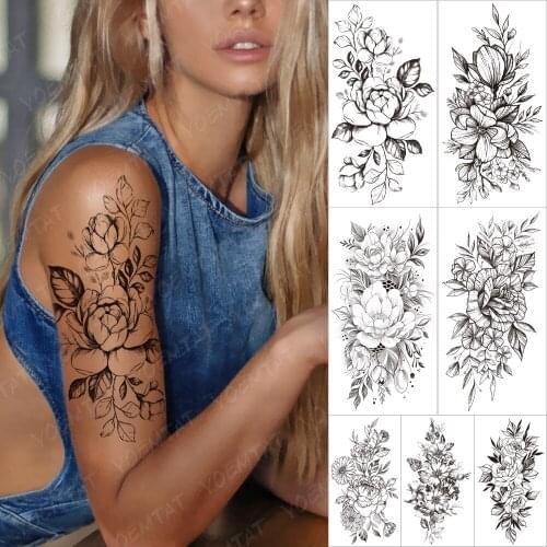 Waterproof Temporary Tattoo Sticker Minimalist Line Flowers Tatto Peony Plum Rose Lotus Body Art Arm Fake Sleeve Tatoo Women
