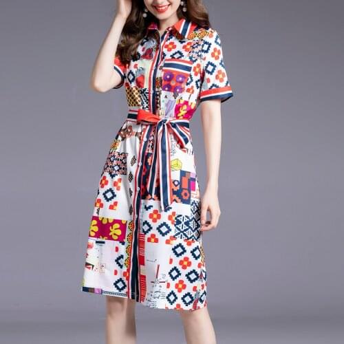 WTIANYUW High Quality Brand Clothing 2021 Summer Short Sleeve Printing Flower Turn Down Collar Bow Vintage Big Swing Party Dress