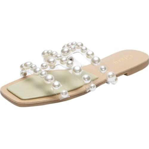 2021 Summer Women Slippers Fashion Pearl transparent Sandals Woman High Quality Flat slippers Ladies Hot flat Beach shoes