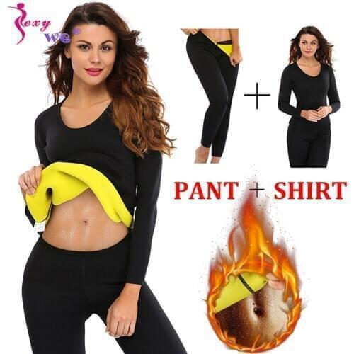 SEXYWG Neoprene Sauna Suit Long Sleeve Top + Legging Sports Set Women Control Panties Yoga Shirts Pant Waist Trainer Body Shaper
