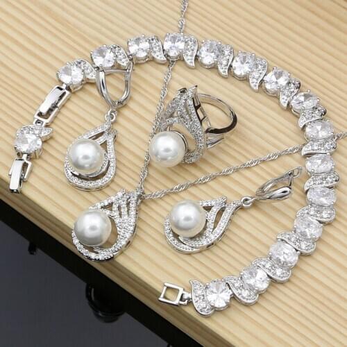 Women Bridal Pearls Jewelry 925 Silver White CZ Jewelry Sets Wedding EarringsNecklace Set Dropshipping