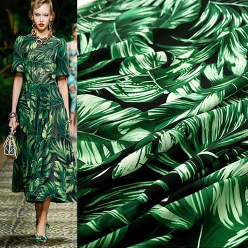 145cm*100cm New designer fabric crepe fabric haute couture tropical jungle big green leaf fabrics ewing fabric for dress