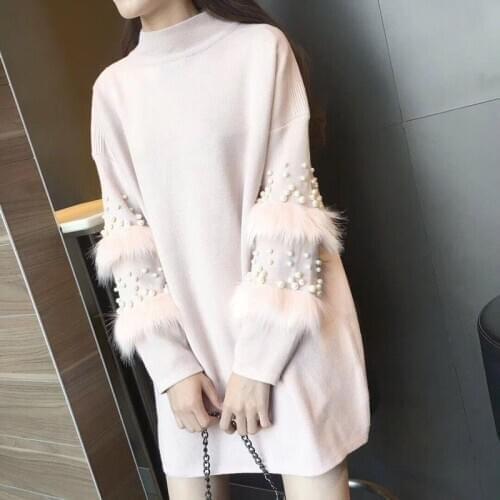 2020 New Autumn Winter Long Women Turtleneck Sweater with Real Rabbit Fur Sleeves Ladies Knitted Pullover
