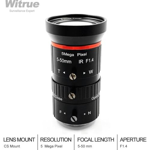 5 Megapixel CCTV Lens CS Mount 5-50mm Varifocal F1.4 Aperture 1/2.7" Image Format for Surveillance Security Cameras
