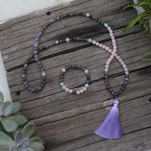 8mm Natural Stone Beads, Flower Amethyst, Rose Quartz, JapaMala Sets, Spiritual Jewelry, Meditation,Inspirational,108 Mala Beads