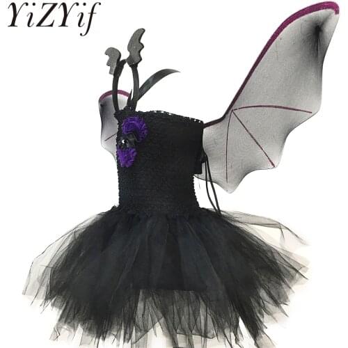 Kids Girls Bat Vampire Princess Tutu Dress Fancy Cosplay Costume Witch Clothes with Wing Headband Halloween Role Play Clothing