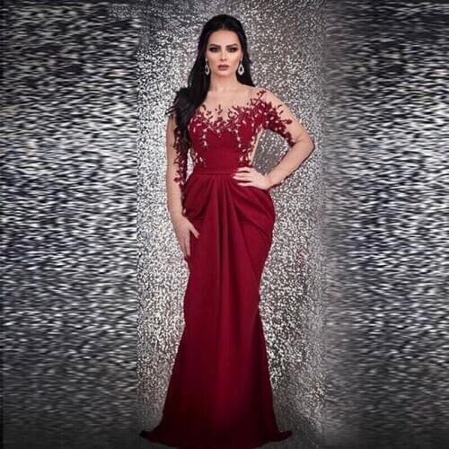 Long Mermaid Evening Dress Burgundy Beads Crsytal with Sleeves Arabic Evening Gown Plus Size Formal Dress Party Robe de soiree