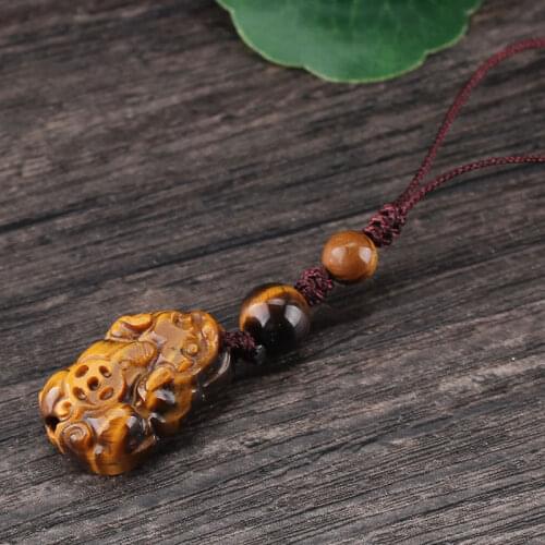 Natural Tiger Eye Stone Hand-carved Lucky Goods Beast Pixiu Brave Troops Keychain Key Holder Animal Feng Shui Car Key Chain Gift