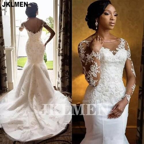 Illusion Lace Scoop Neck Long Sleeves Mermaid Wedding Dress Backless Bridal Gown for Black Women Custom Made