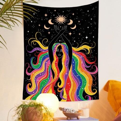 Indian Moon Phase Rainbow Girl Mandala Tapestry Wall Hanging Boho Macrame Hippie Witchcraft Tapiz Background Cloth Decor Mural