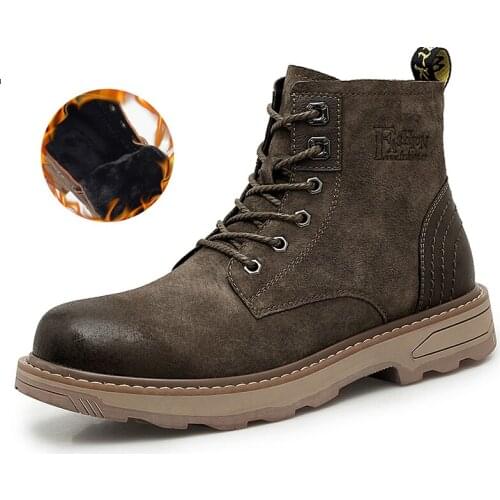 Classic Men Boots With Fur Nubuck Genuine Leather Boots Men Outdoor Ankle Boots Cow Suede Combat Boots Outdoor Shoes