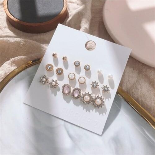 Classic Oval Rhinestone Pearl Earrings Set Summer Fashion Women Korean Sun Star Shape Wedding Ins Jewelry