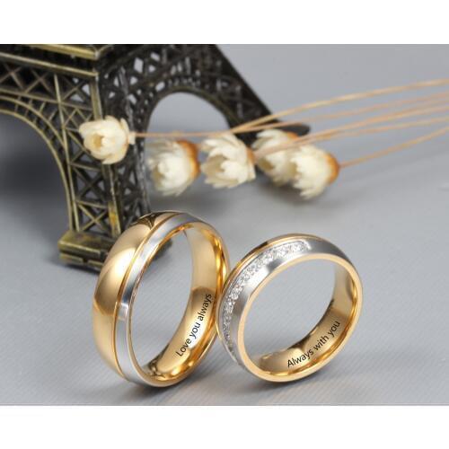 Free Engraving Couple Bands Rings for Women Men Cubic Zirconia Stainless Steel Engraved Wedding Rings Love Alliance Gift