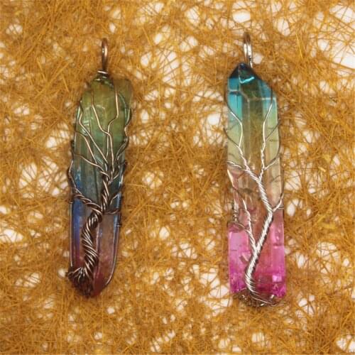 Colorful Rock Crystal Column Gemstone Tree Of Life Stone Healing Amulet Pendant