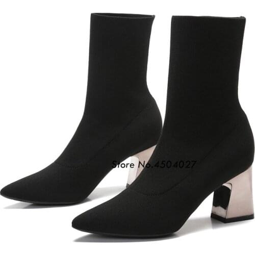 Fashion New Womens Ankle Boots Pointed Toe Thick Heel Knitted Elastic Boots Lady High Heel Boots Shoes